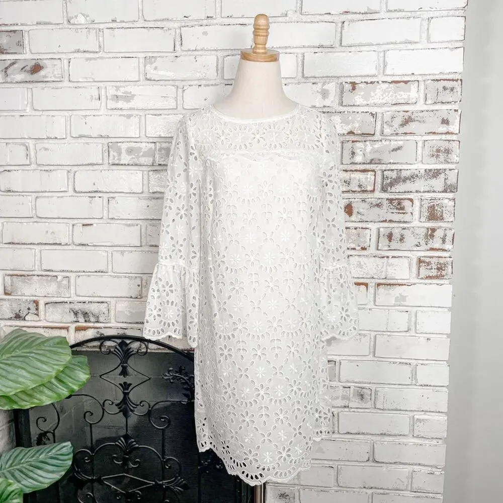 J. Crew White Embroidered Eyelet Lace Bell Sleeves Shift Mini Midi Dress 2